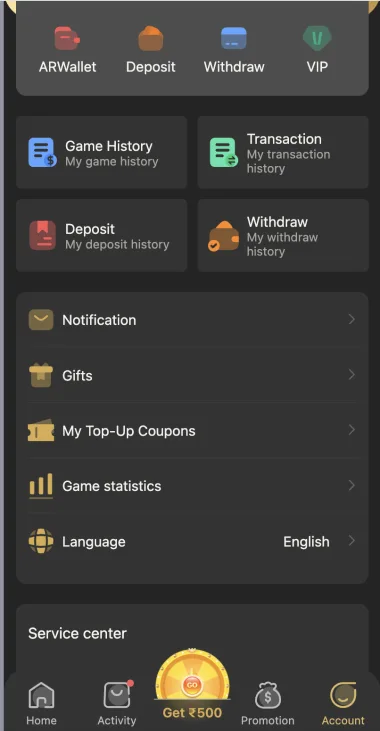 BDG Win account menu and service options