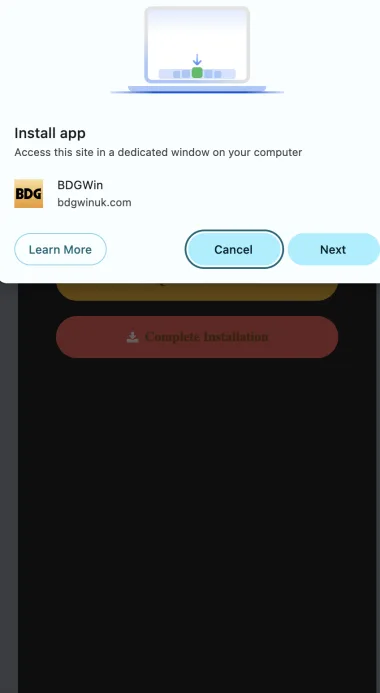 BDG Win browser app installation prompt