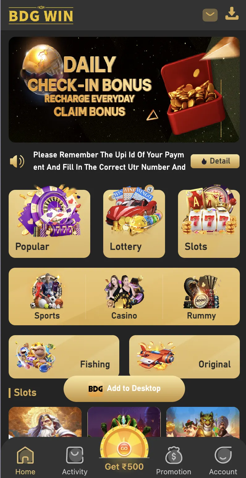 Supplied BDG Win home screen with game category tiles